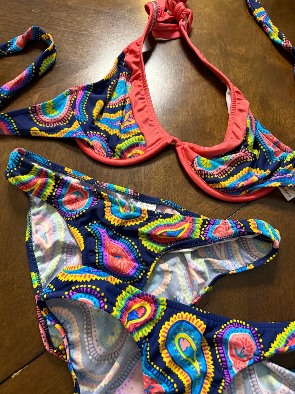 Venus Women’s Paisley Print 3 pc. Bikini Set - Navy with Coral Trim